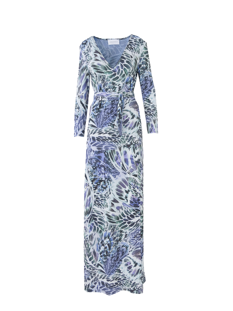 LETIZIA - long wraparound dress with sleeves in print leaves lycra
