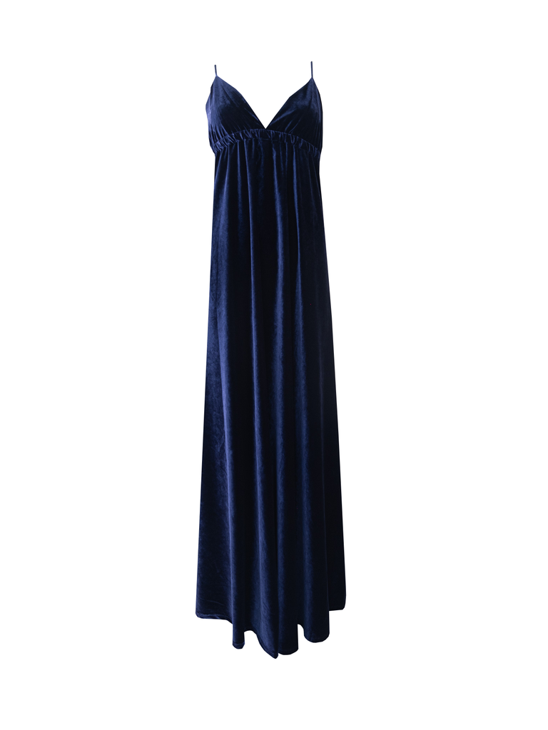 MICOL - long cross back dress in blue chenille