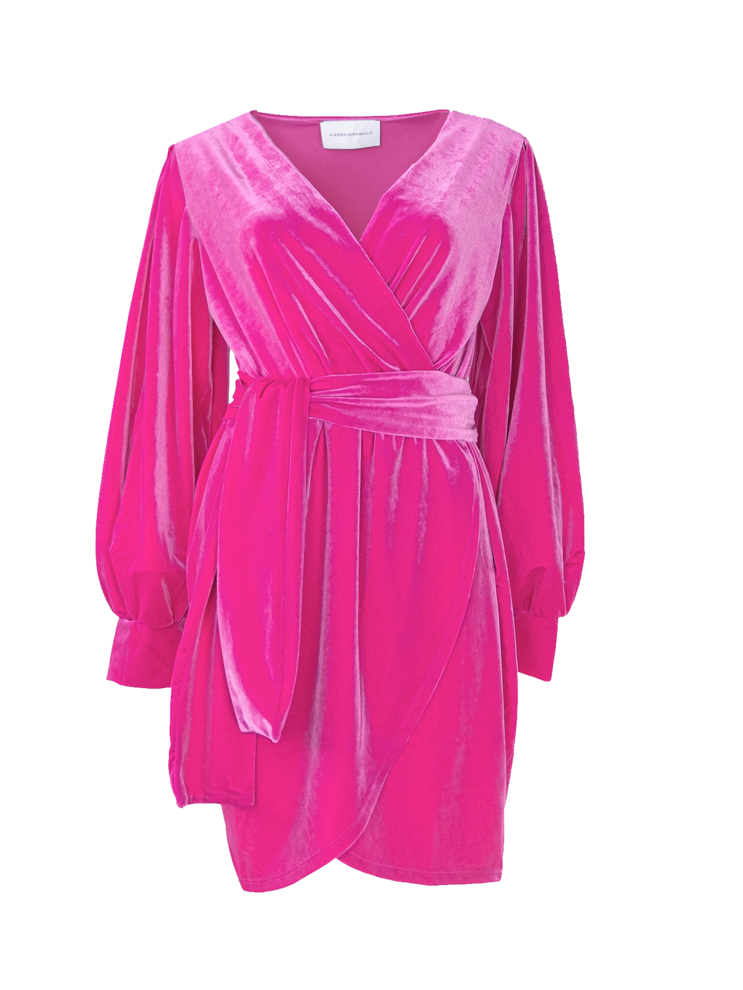 OFELIA - short dress with wide sleeve and sash in fuchsia chenille