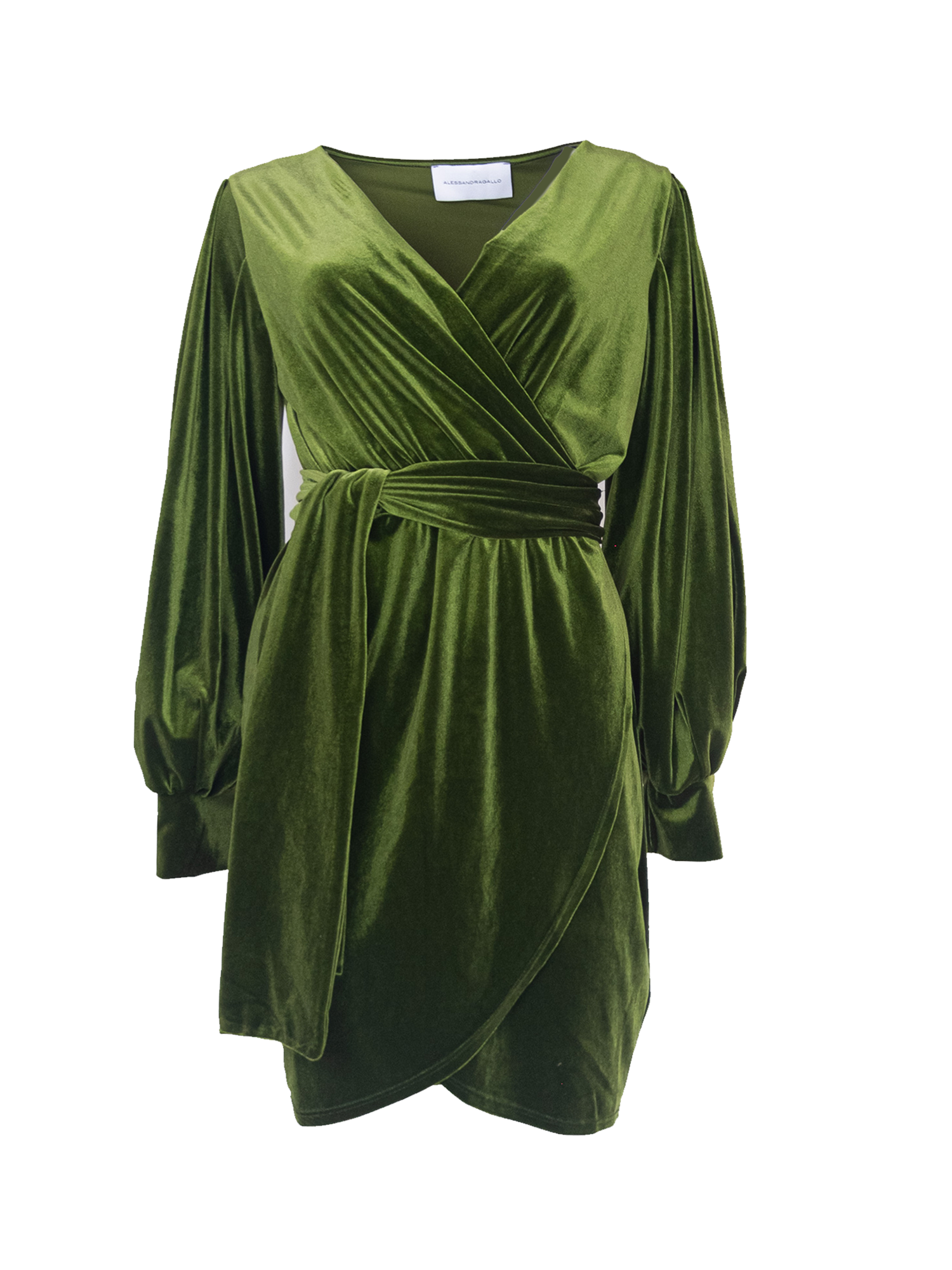 OFELIA - short dress with wide sleeve and sash in green chenille