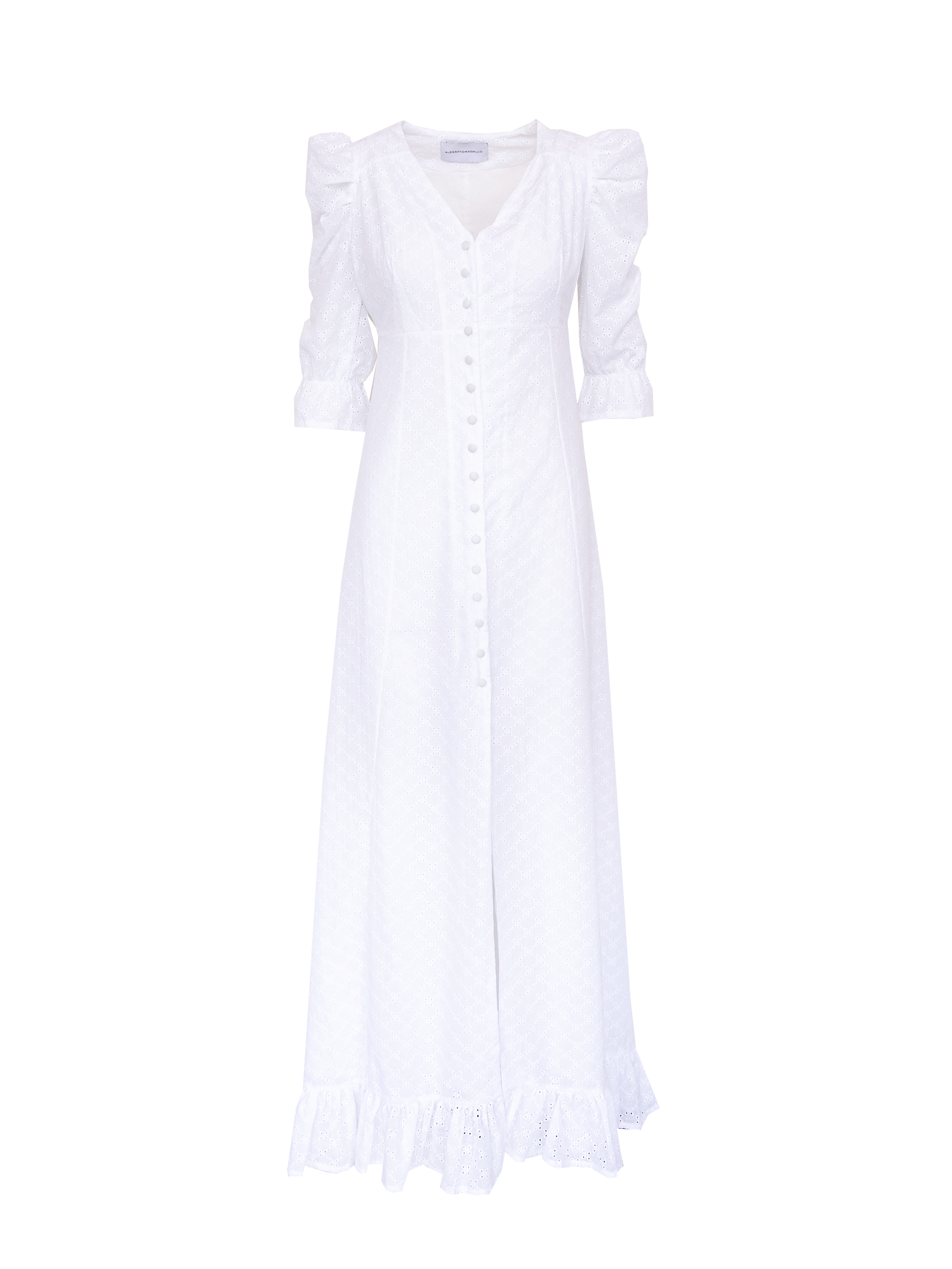 GIGLIO - long v neck dress with puffball sleeves and volant in cotton broderie anglaise