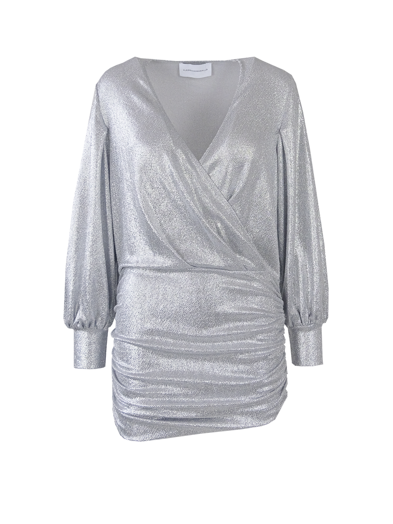MIA -  v-neck dress with long sleeve in silver lurex
