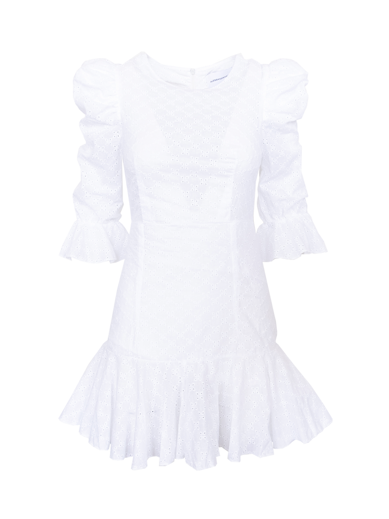 ANDREA - round neck dress with puffball sleeves and volant in cotton broderie anglaise