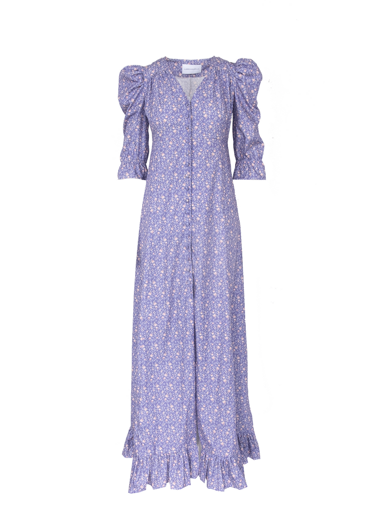 GIGLIO - long v neck dress with puffball sleeves and volant in cotton Versailles print