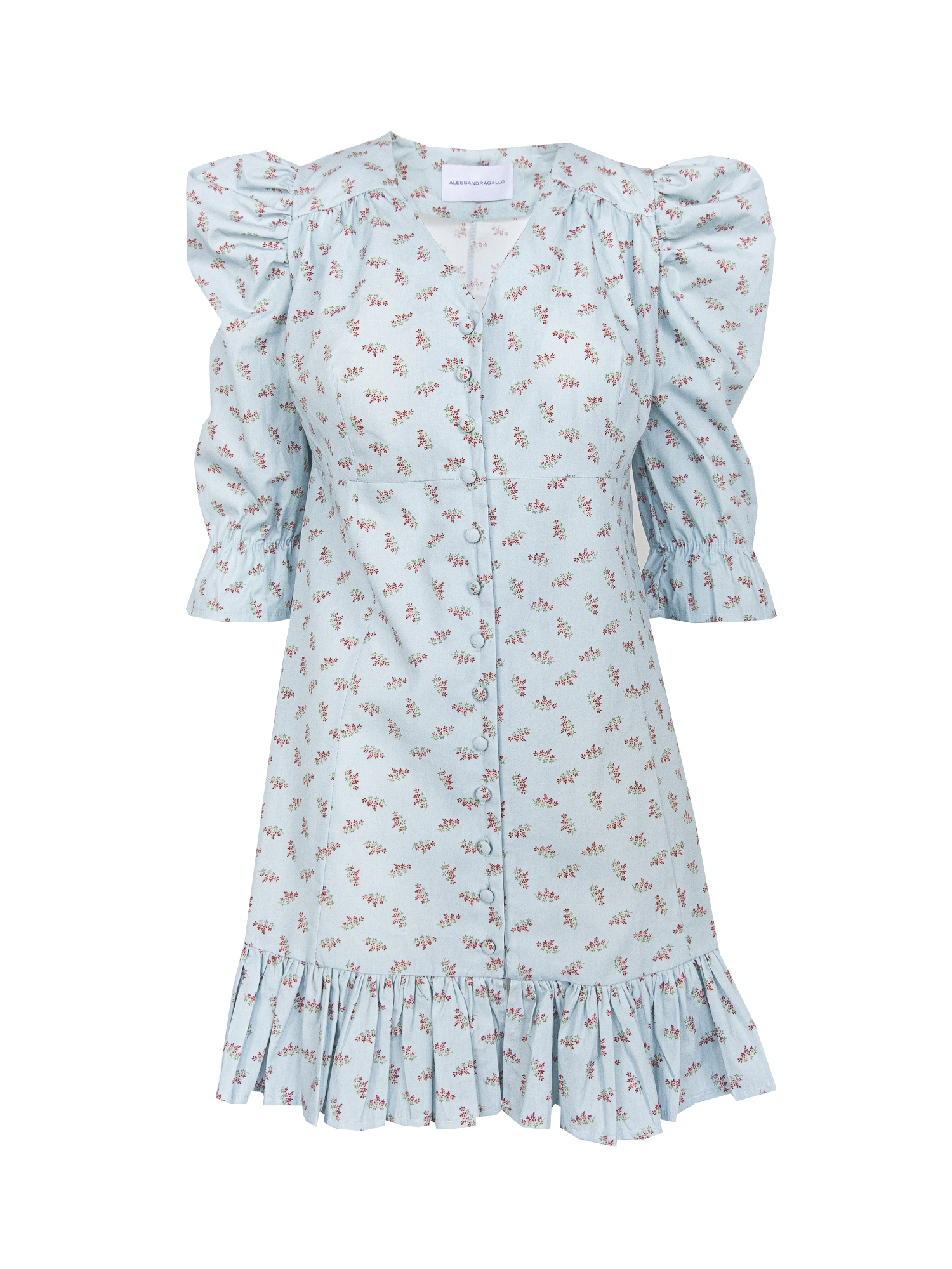 DALIA  - v neck dress with 3\4 puffball sleeves and volant in cotton Stourhead print