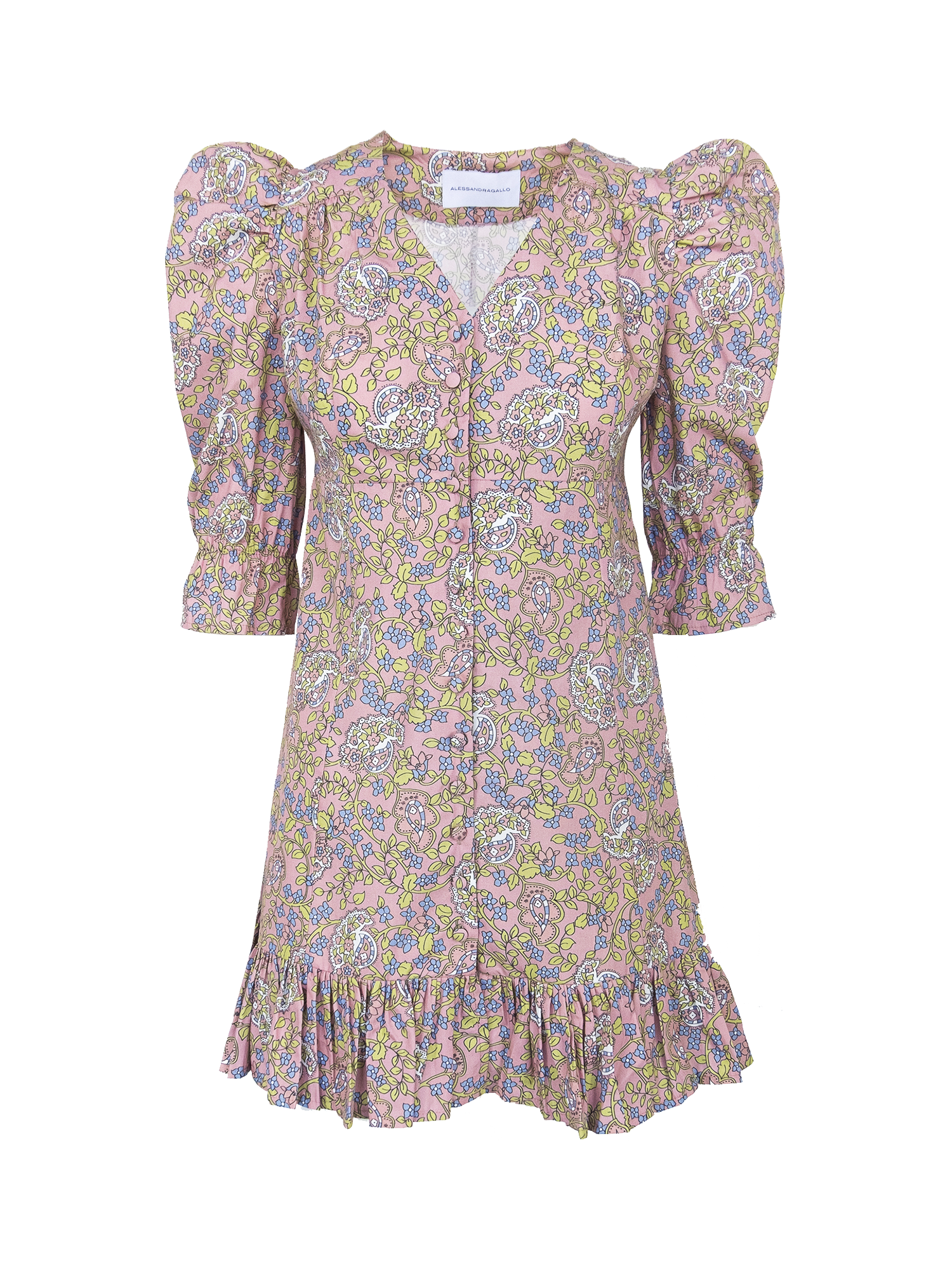 DALIA - v neck dress with 3\4 puffball sleeves and volant in Butchart print