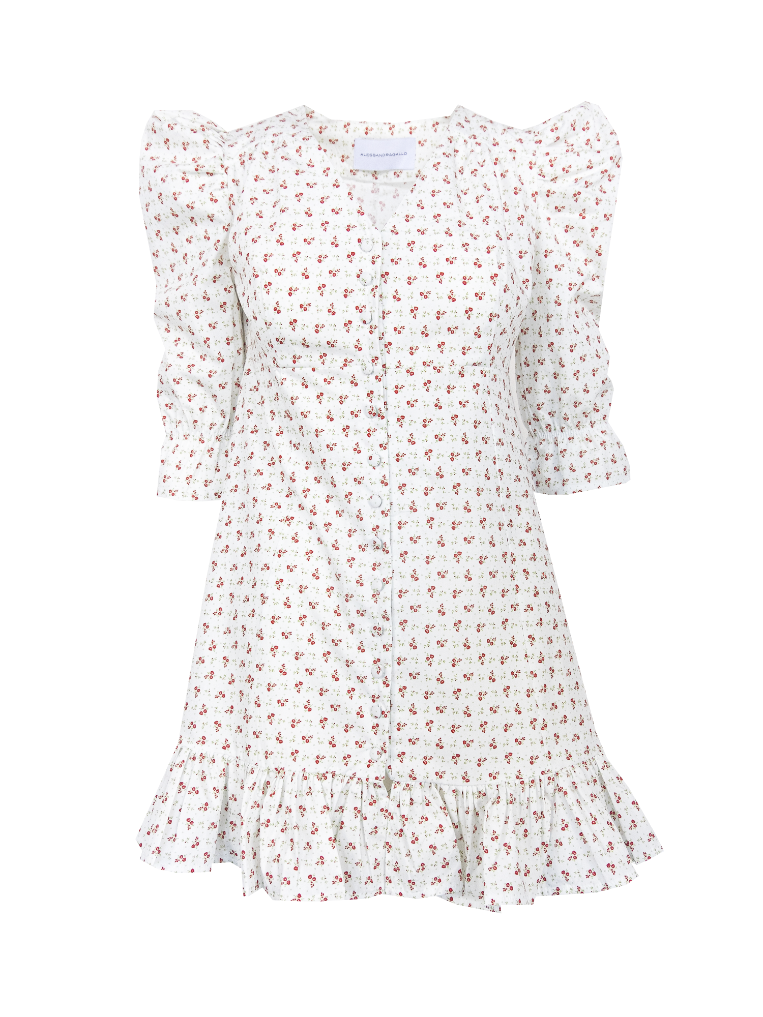 DALIA - v neck dress with 3\4 puffball sleeves and volant in cotton Sigurtà print