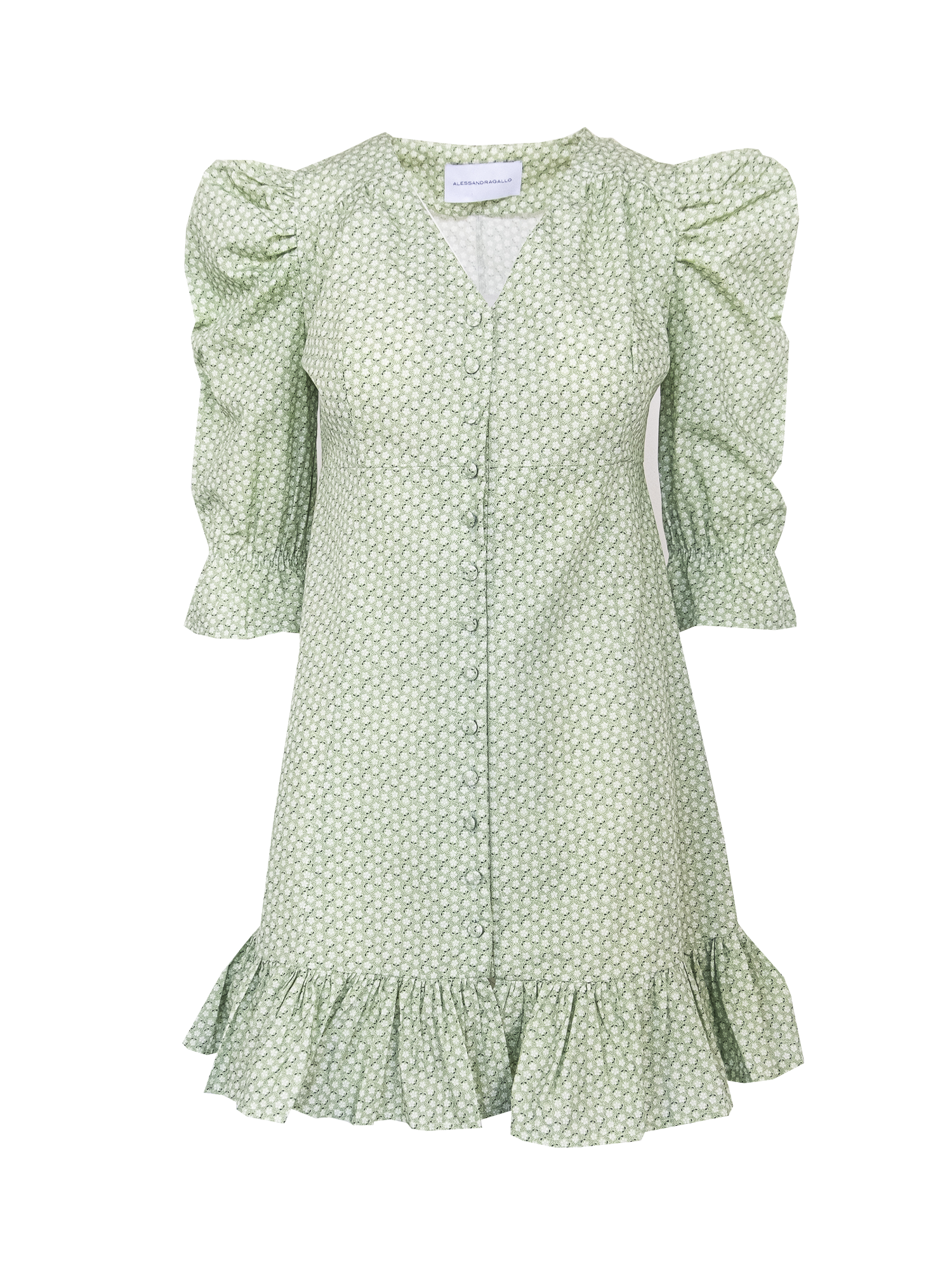 DALIA - v neck dress with 3\4 puffball sleeves and volant in cotton Villa d'Este print