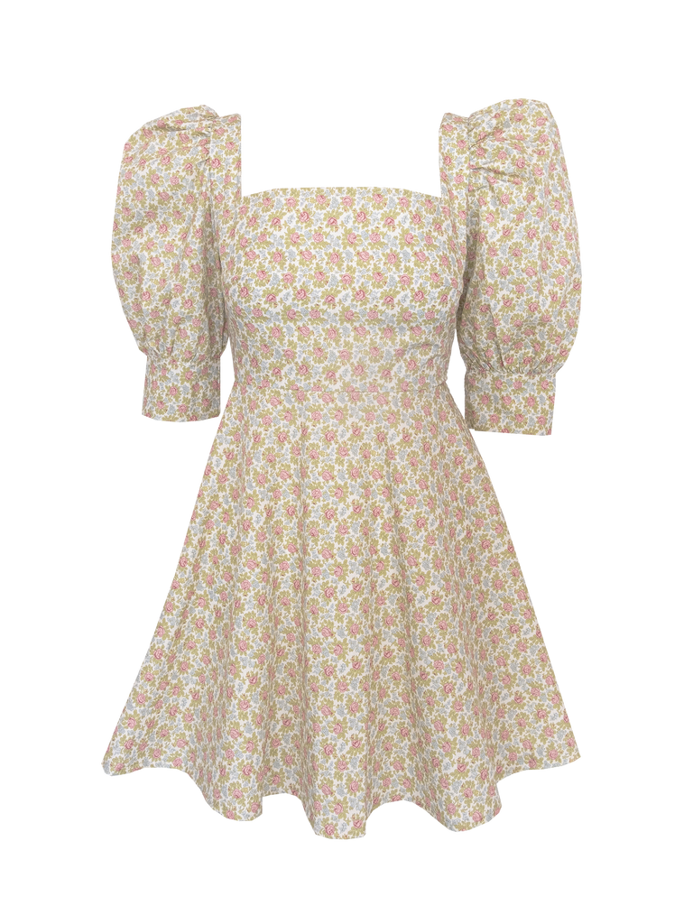 MIMOSA - dress with square neck and puffball sleeves in cotton Ephrussi print
