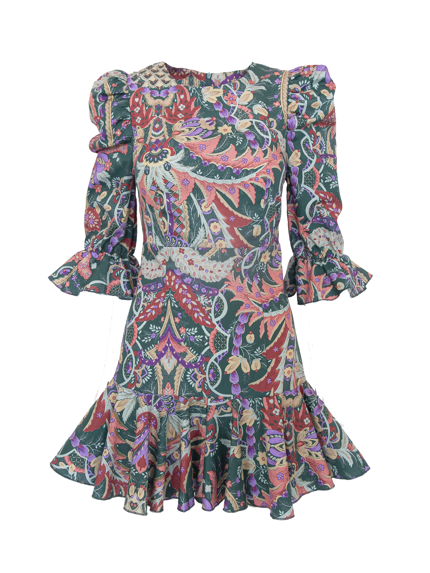 ANDREA - round neck dress with puffball sleeves and volant in cotton Pergola print