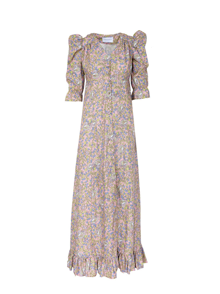GIGLIO - long v neck dress with puffball sleeves and volant in cotton Butchart print
