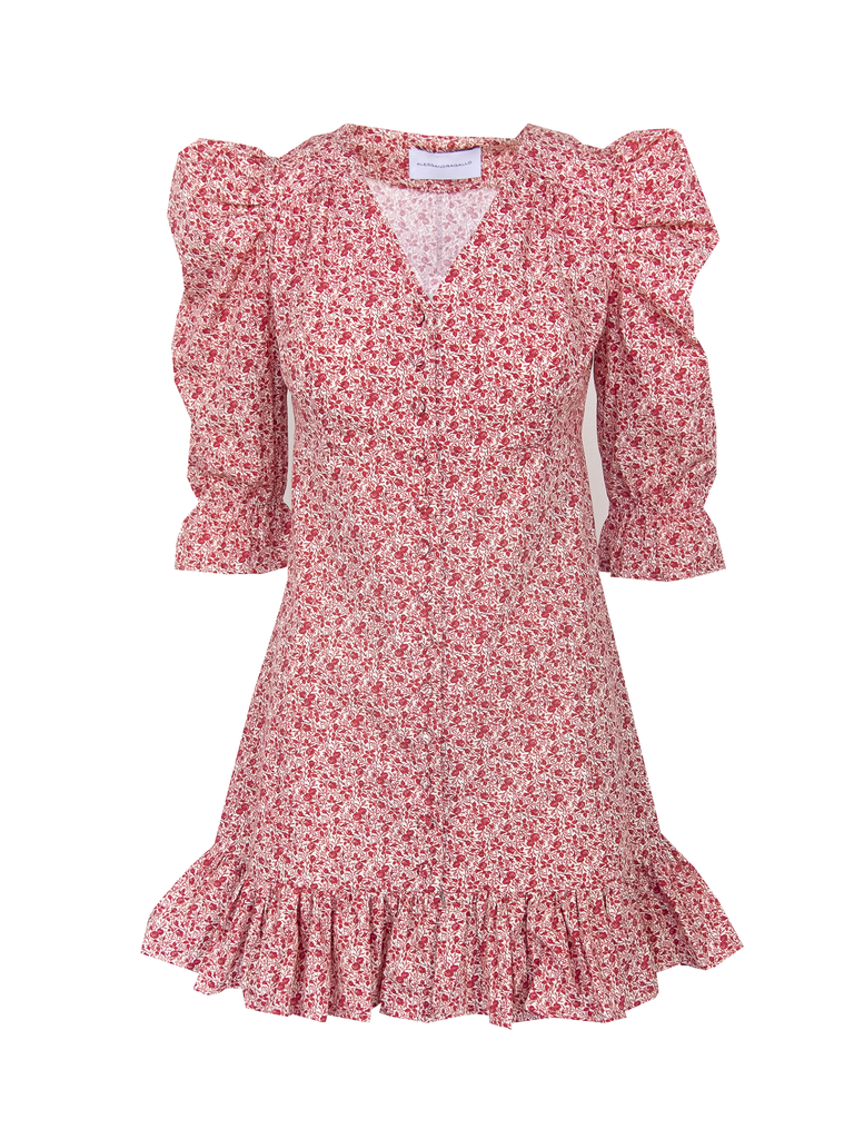 DALIA - v neck dress with 3\4 puffball sleeves and volant in cotton Mirabell print