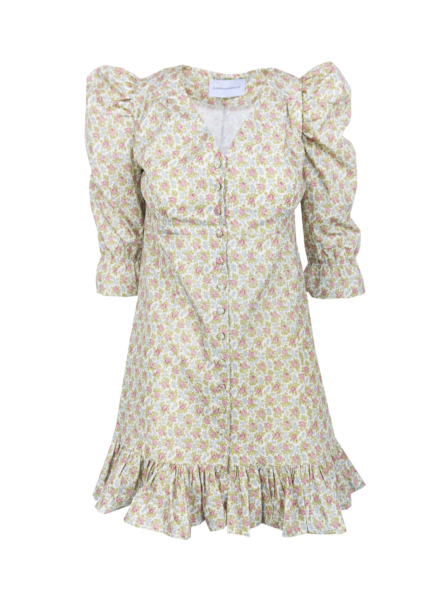 DALIA - v neck dress with 3\4 puffball sleeves and volant in cotton Ephrussi print