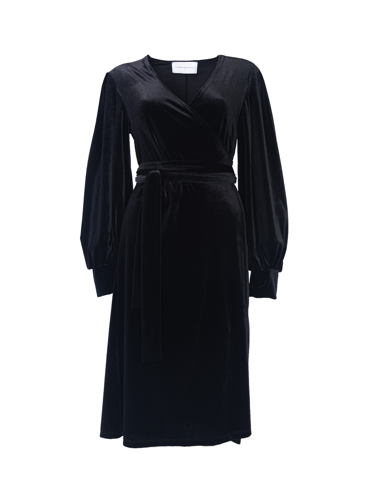 FIAMMA - wrap dress with sash in black chenille