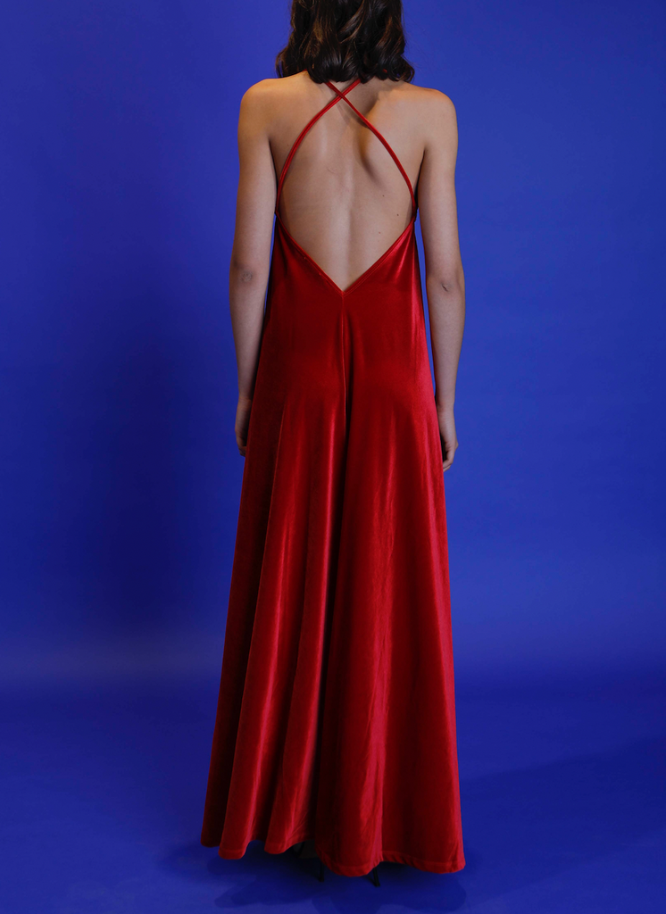 MICOL - long cross back dress in red chenille