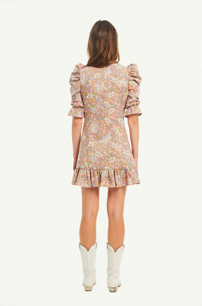 DALIA - v neck dress with 3\4 puffball sleeves and volant in cotton Dumbarton print