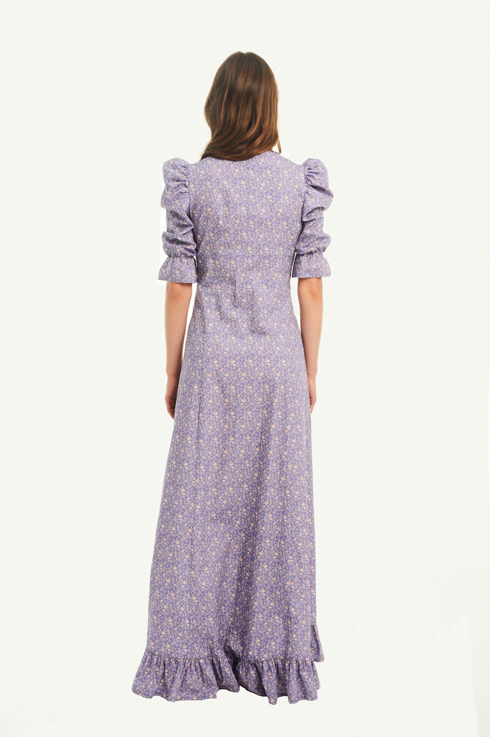 GIGLIO - long v neck dress with puffball sleeves and volant in cotton broderie anglaise