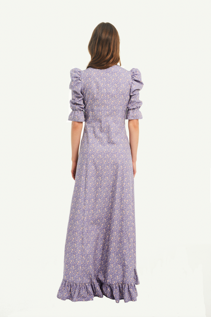 GIGLIO - long v neck dress with puffball sleeves and volant in cotton Mirabell print