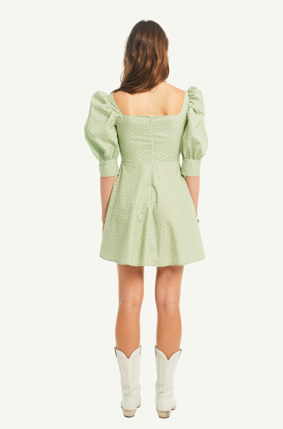 MIMOSA - dress with square neck and puffball sleeves in broderie anglaise