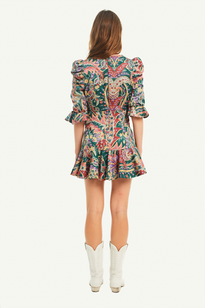 ANDREA - round neck dress with puffball sleeves and volant in cotton Kew print