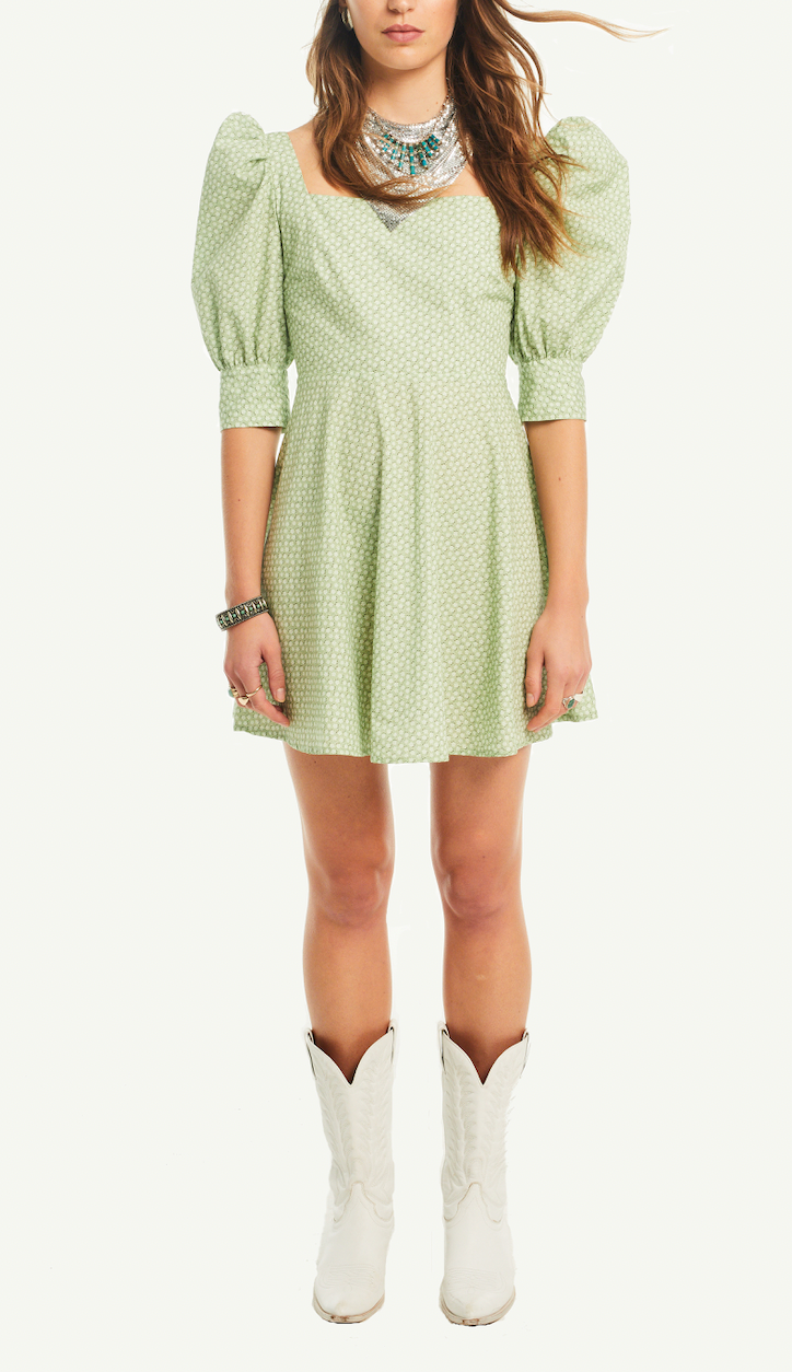 MIMOSA - dress with square neck and puffball sleeves in cotton Kew print