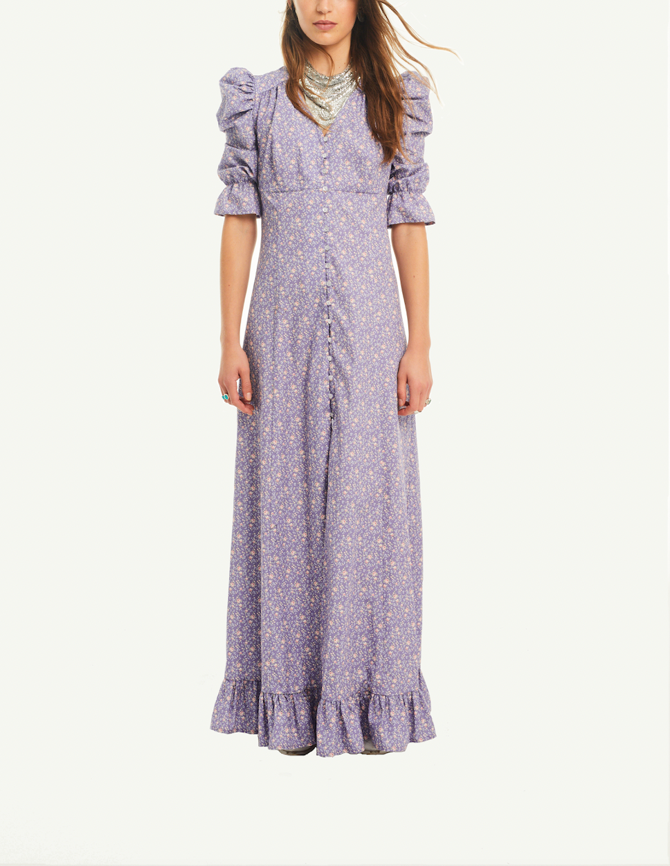 GIGLIO - long v neck dress with puffball sleeves and volant in cotton Villa d'Este print