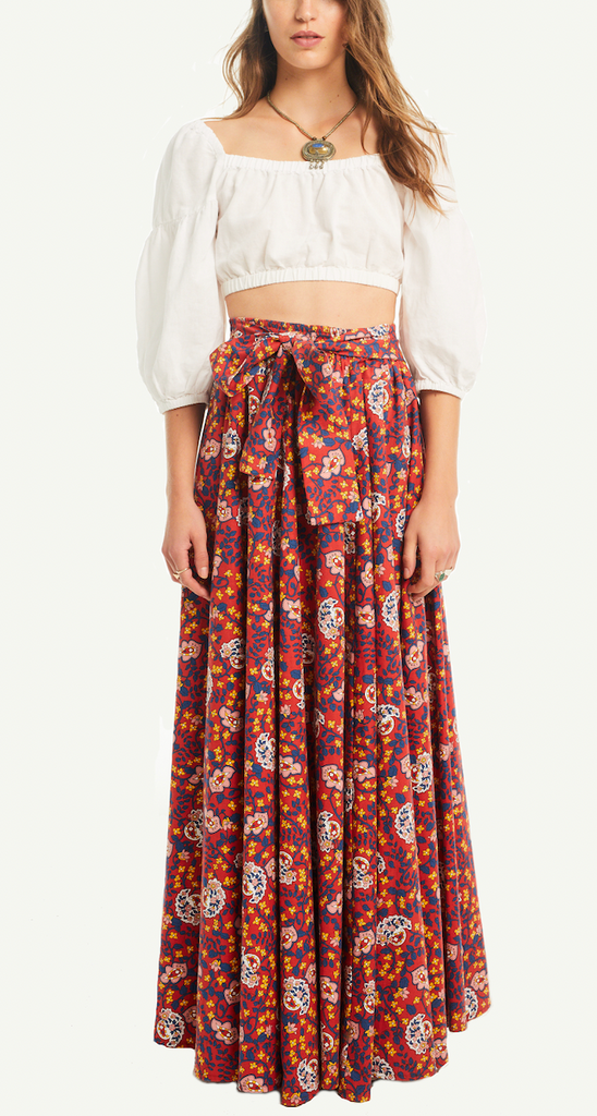 FIORDALISA - long and wide skirt with belt in cotton Dumbarton print
