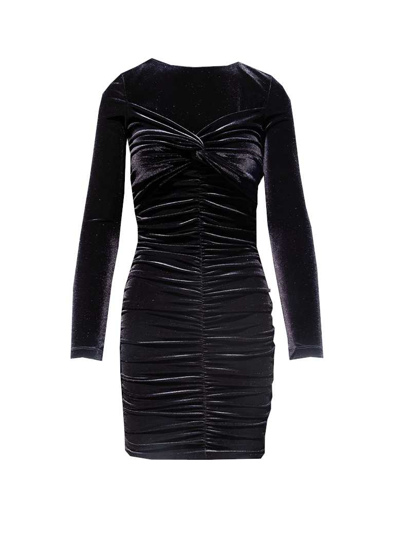 MAGDA - short dress with long sleeves and rouge in black chenille