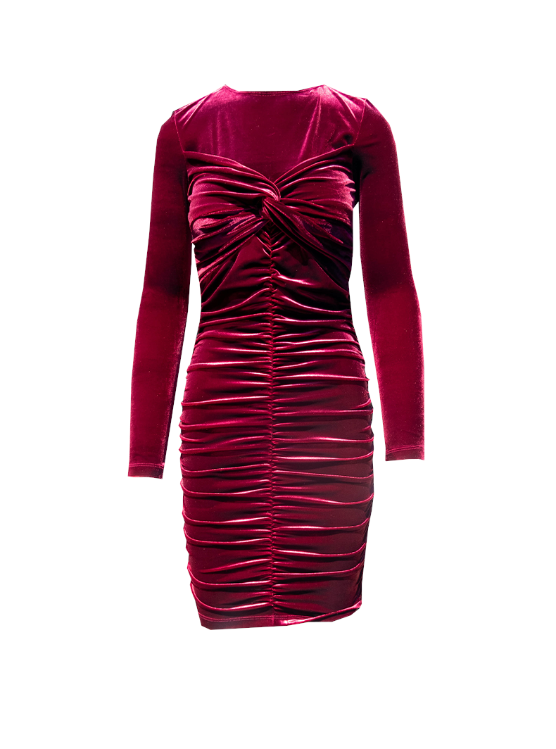 MAGDA - short dress with long sleeves and rouge in bordeaux chenille