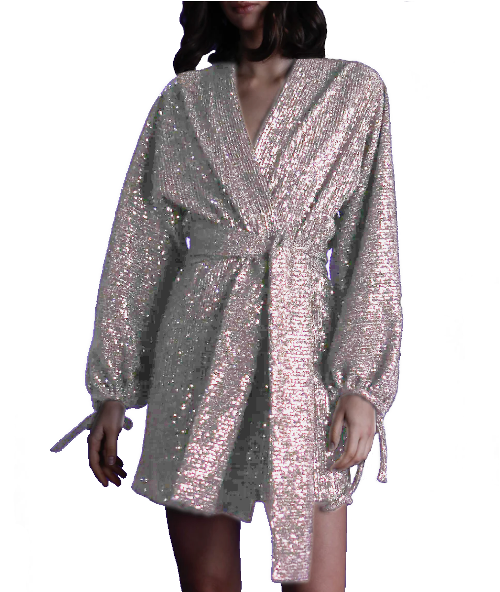 ELVIRA - short dress with wide sleeve and sash in silver sequin