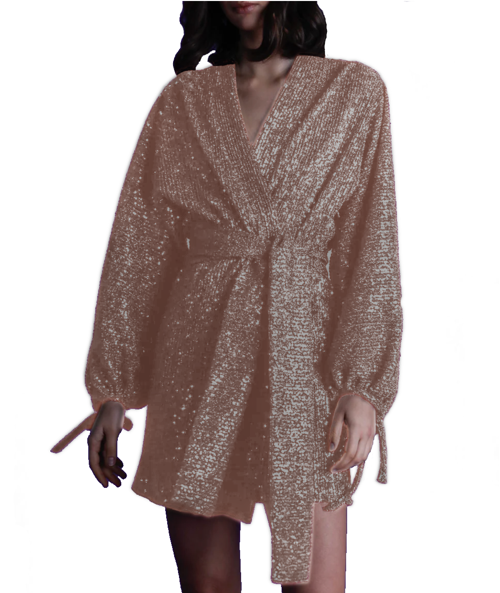 ELVIRA - short dress with wide sleeve and sash in pink sequin