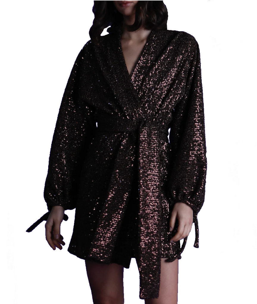 ELVIRA - short dress with wide sleeve and sash in brown sequin