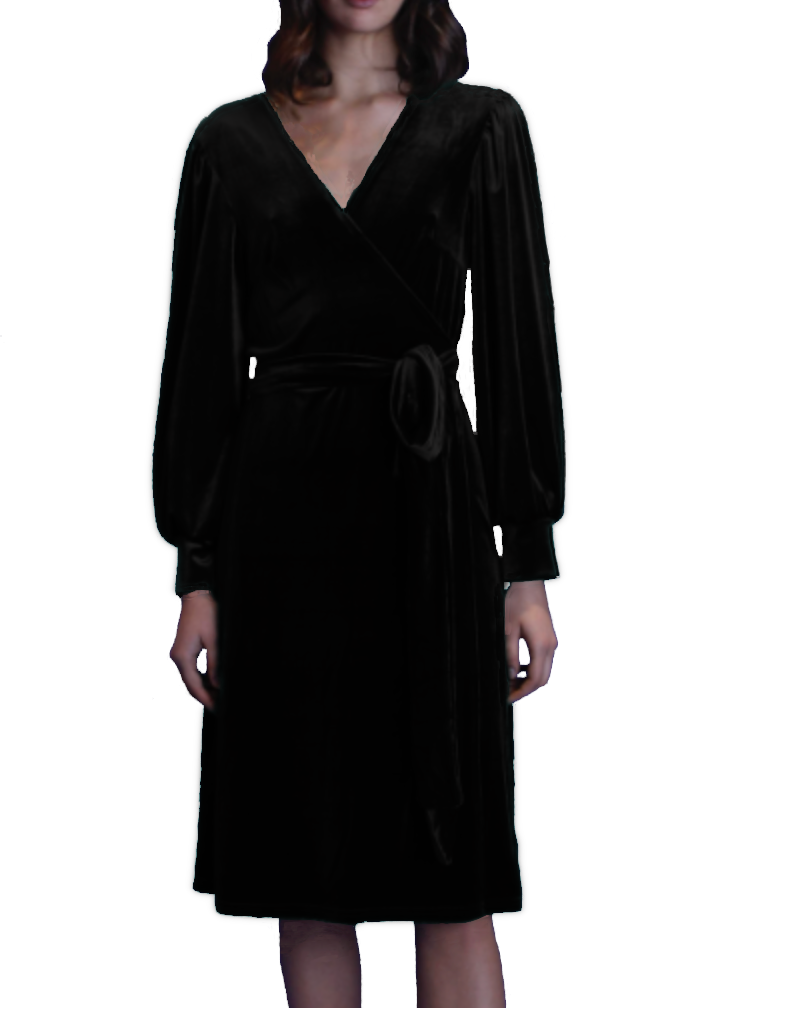 FIAMMA - wrap dress with sash in black chenille