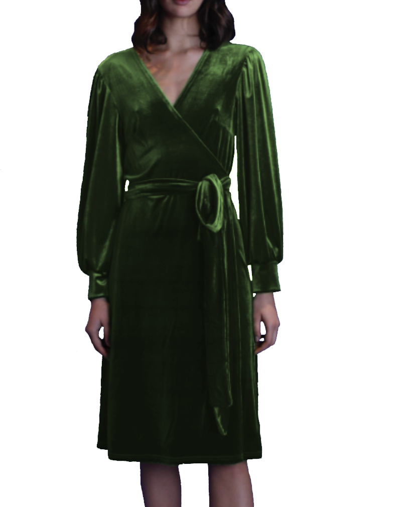 FIAMMA - wrap dress with sash in green chenille