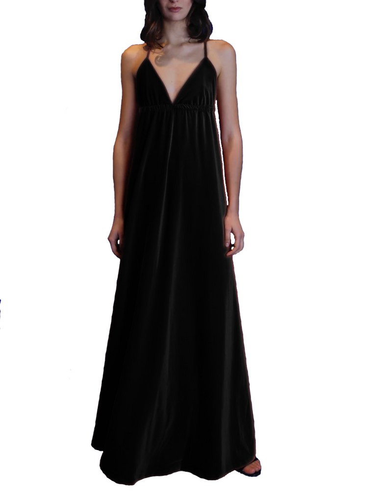 MICOL - long cross back dress in black chenille