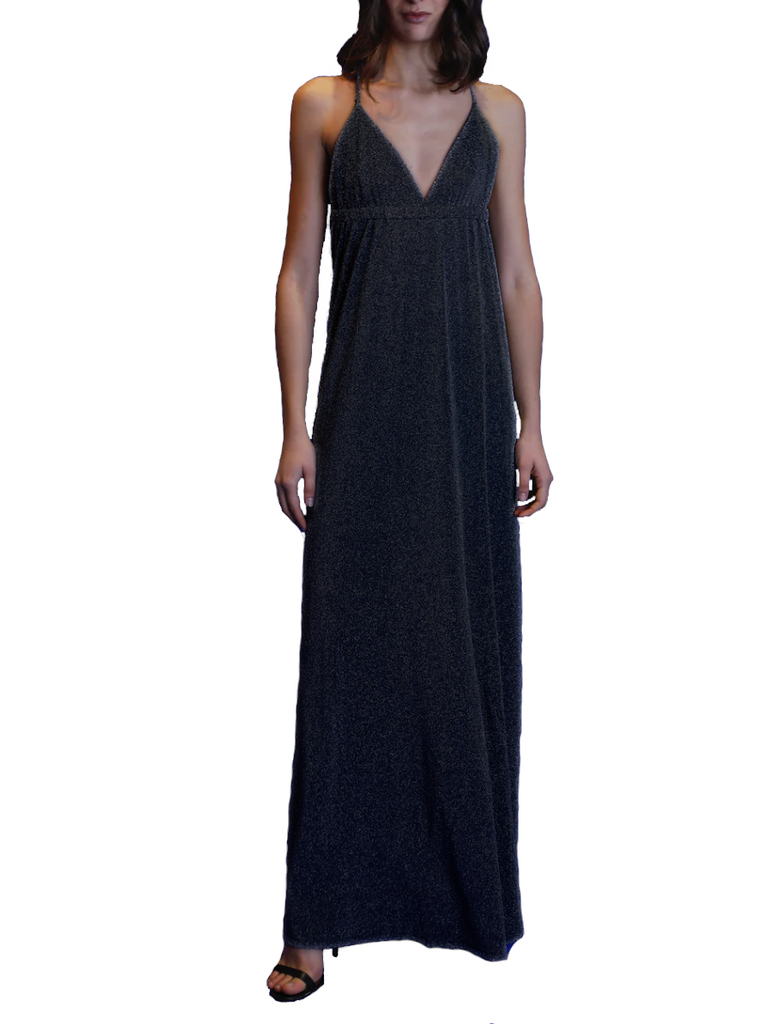MICOL - long cross back dress in charcoal grey lurex