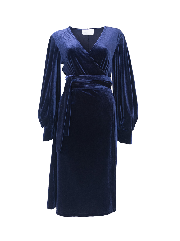 FIAMMA - wrap dress with sash in blue chenille