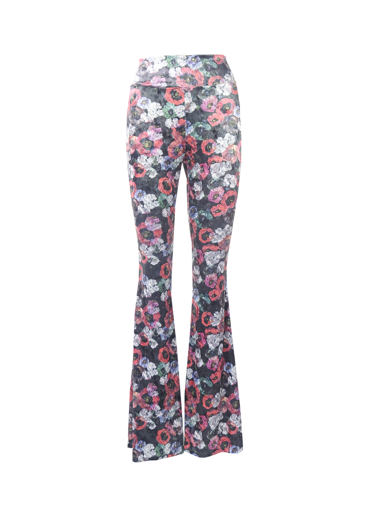 LOLA - flared trouser with high waist in flowers print hammered chenille