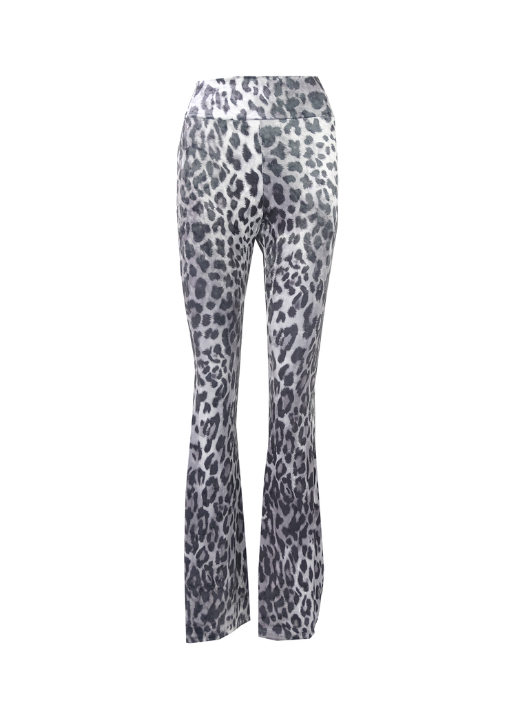 LOLA - flared trousers with high waist in print animalier grey chenille